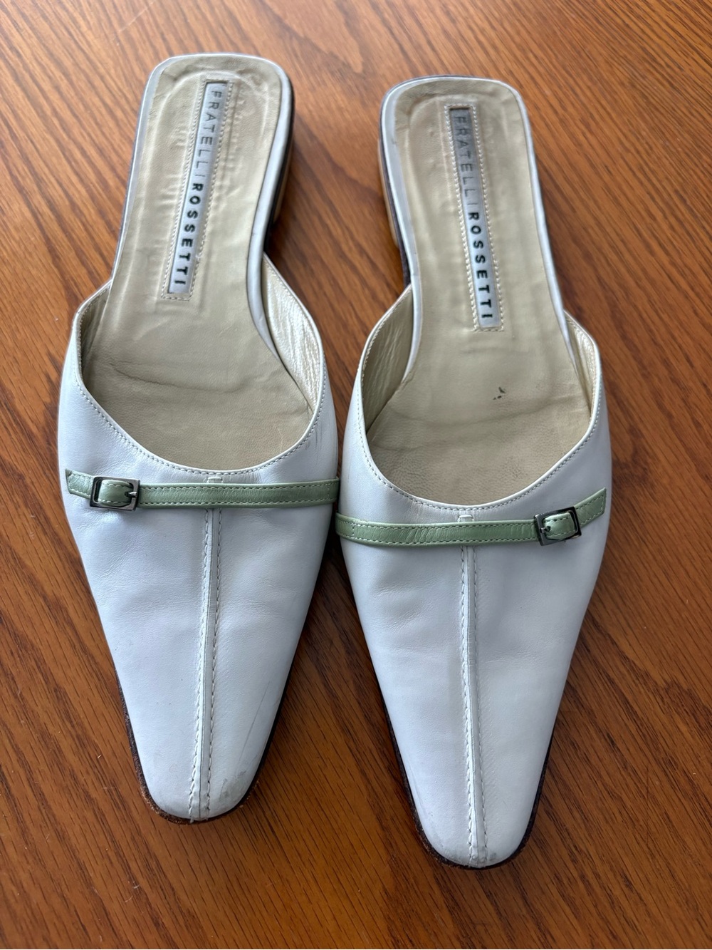 Fratelli Rossetti White Leather Slip-On Mules with Light Green Strap